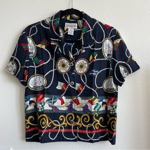 Vintage Navy Sailer Graphic Rayon Linen Blended Short Sleeve Button Down Shirt